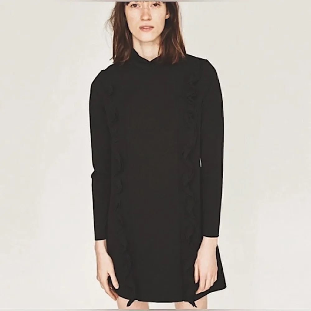 Chic Elegance: Zara Black Ruffle Long Sleeve Mock Neck Dress